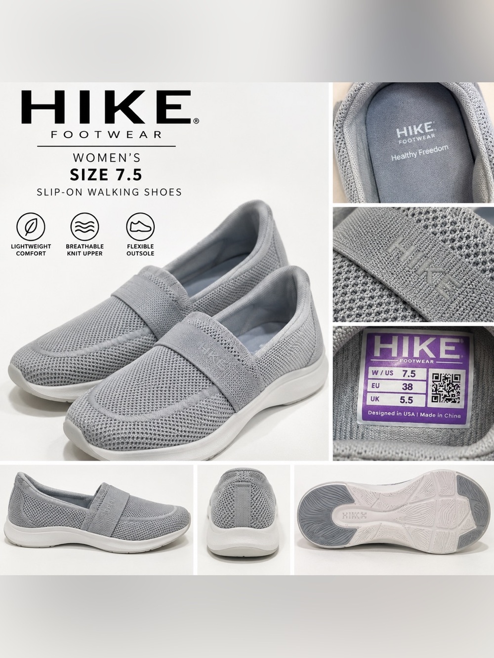 Hike Women's Slip-On Walking Shoes in Light Gray - Size 7.5
